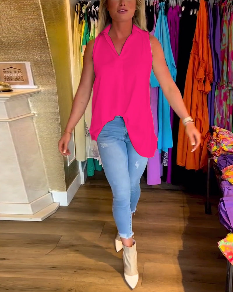 Anabella – Sleeveless Top with Ruffles and Lapels