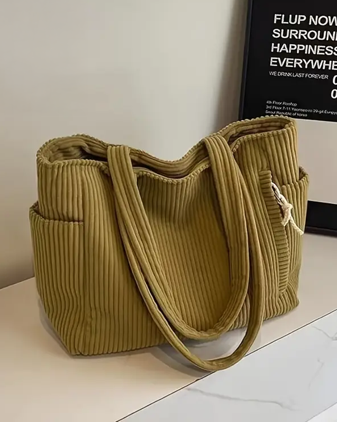 Amy – Ribbed Tote Bag with Drawstring Detail